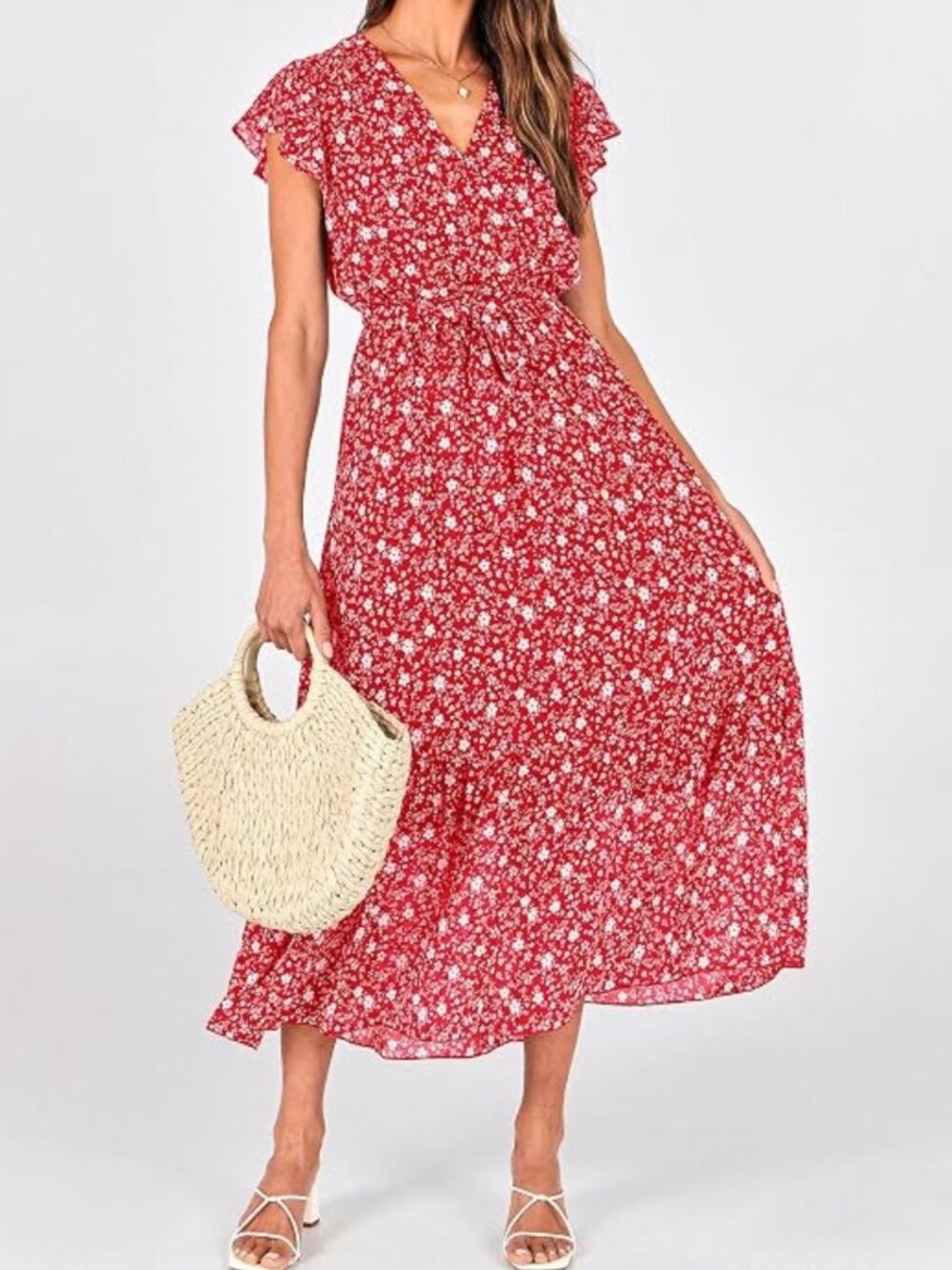 Red and White floral summer dress cap sleeve